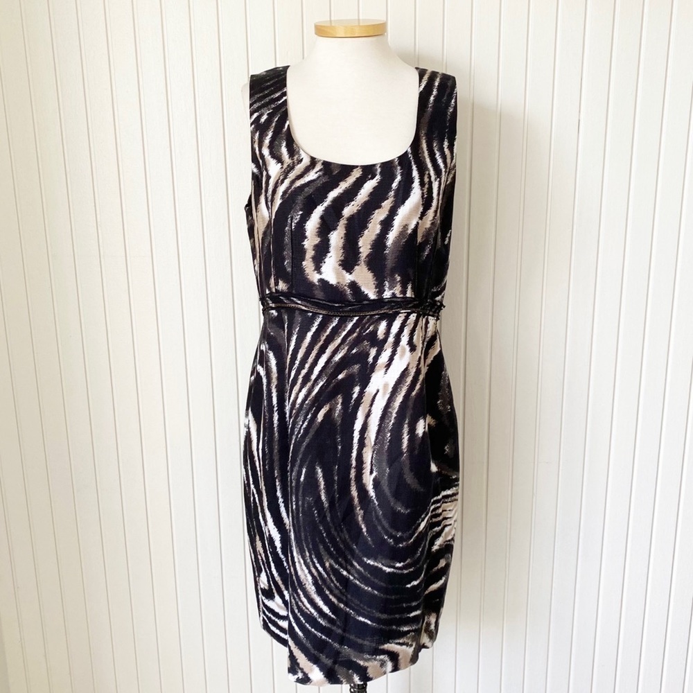 T Tahari Animal Print Black Tan Gold Linen Blend Sheath Dress